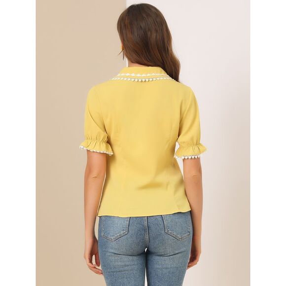 Sweet Peter Pan Contrast Collar Short Sleeves Button Up Blouse Tops Yellow - Picture 5 of 6